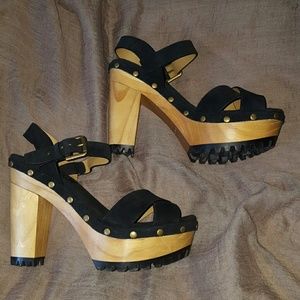 Black Suede Platform Clog Sandals with Wood Heel